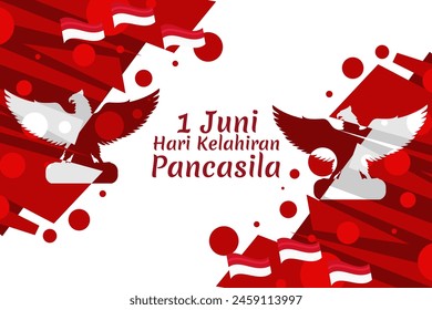 Translation: June 1, Happy birthday Pancasila (1 Juni, selamat hari lahir Pancasila) vector illustration. Suitable for greeting card, poster and banner.
