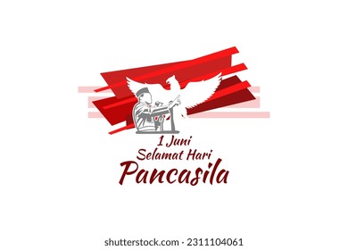 Translation: June 1, Happy Pancasila Day (1 Juni, selamat hari Pancasila) vector illustration. Suitable for greeting card, poster and banner. 