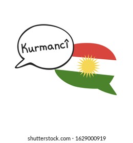 Traducción: el idioma kurdo. Ilustración vectorial de dos burbujas de discurso doodle con una bandera nacional de Kurdistán y escritura a mano. Curso de idiomas extranjeros, escuela o agencia de viajes.