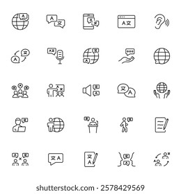 Translation or language icon set. Containing communication, translate, speech, non-verbal, writing, speaking, dictionary, text, language skills and vocabulary icons.