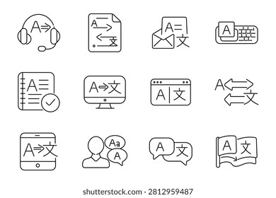 Translation language set icon. Multilingual headset, dictionary document, messaging converter, keyboard typing, certified notebook, browser interface, bilingual conversation, educational glossary
