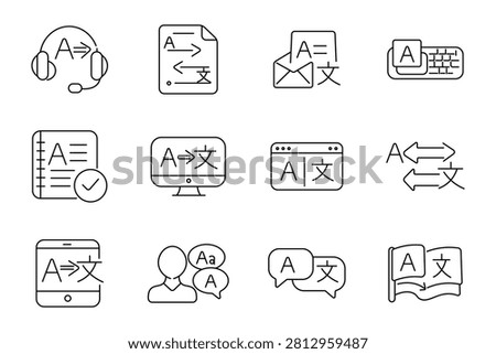 Translation language set icon. Multilingual headset, dictionary document, messaging converter, keyboard typing, certified notebook, browser interface, bilingual conversation, educational glossary