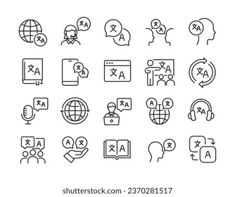 Iconos de línea delgada del lenguaje de traducción. Para diseño de marketing de sitios web, logotipo, aplicación, plantilla, ui, etc. Ilustración vectorial.