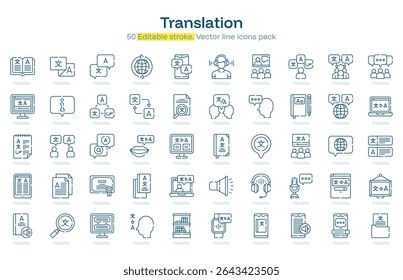 Pacote de ícones de linha de tradução. Conjunto de ícones de Traçado de Tradução. Ícone Traçado editável