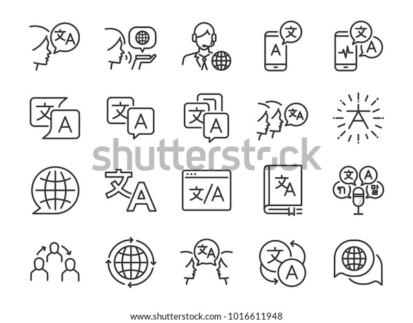 Translation line icon set. Included the icons as\
translate, translator, language, bilingual, dictionary,\
communication, bi-racial and\
more.