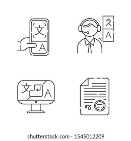 Translation linear icons set. Interpretation, apostilles and document legalization. Online dictionary . Translator. Thin line contour symbols. Isolated vector outline illustrations. Editable stroke