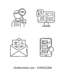 Translation linear icons set. Proofreading, website localization. Online dictionary . Email translation, DTP services. Thin line contour symbols. Isolated vector outline illustrations. Editable stroke