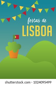 Translation: Lisbon festivities. Poster for Portugal Celebrations Santos populares. A4 invitation with sunset, cute portuguese colors, garlands, manjerico flower plant, portuguese flag