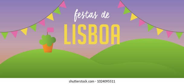 Translation: Lisbon festivities/parties. Banner for Portuguese Celebrations Santos populares. Billboard invitation with sunset, cute pastel colors, garlands, and manjerico flower plant