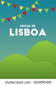 Translation: Lisbon festivities/parties. Poster for Portuguese Celebrations Santos populares. A4 invitation with garlands and hills