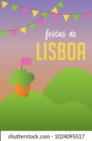 Translation: Lisbon festivities/parties. Poster for Portuguese Celebrations Santos populares. A4 invitation with sunset, cute pastel colors, garlands, and manjerico flower plant