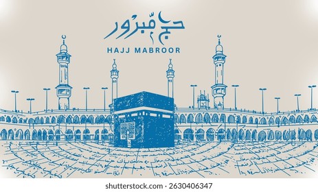 Translation: May Allah Accept Your Hajj and Grant You Forgiveness. Kaaba Vector for Hajj Mabroor in Mecca Saudi Arabia. Hajj Mabrour And The Holy Mecca. Vector illustrator 