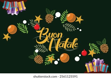 Translation: Merry Christmas. Buon Natale vector text Calligraphic Lettering design card template. Suitable for greeting card, poster and banner.