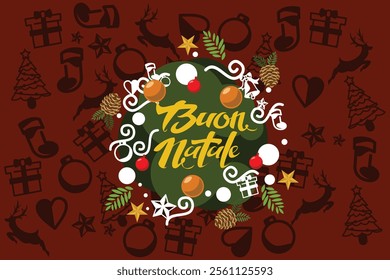 Translation: Merry Christmas. Buon Natale vector text Calligraphic Lettering design card template. Suitable for greeting card, poster and banner.