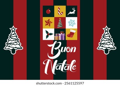 Translation: Merry Christmas. Buon Natale vector text Calligraphic Lettering design card template. Suitable for greeting card, poster and banner.