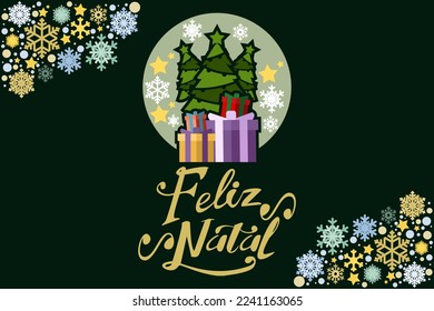 Translation: Merry Christmas. Feliz Natal vector text Calligraphic Lettering design card template. Suitable for greeting card, poster and banner.