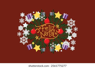 Translation: Merry Christmas. Feliz Natal vector text Calligraphic Lettering design card template. Suitable for greeting card, poster and banner.
