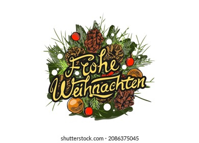 Translation: Merry Christmas. Frohe Weihnachten vector text Calligraphic Lettering design card template. Suitable for greeting card, poster and banner.