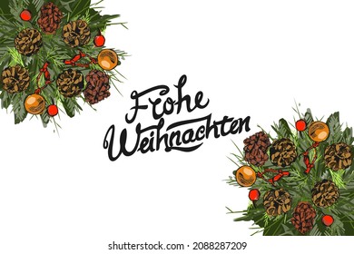 Translation: Merry Christmas. Frohe Weihnachten vector text Calligraphic Lettering design card template. Suitable for greeting card, poster and banner.