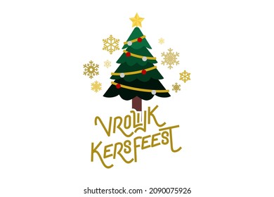 Traducción: Feliz Navidad.  Vrolijk Kerstfeest texto vector Calligraphic Lettering design card plantilla. Adecuado para tarjetas de felicitación, afiches y banner.