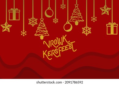 Traducción: Feliz Navidad.  Vrolijk Kerstfeest texto vector Calligraphic Lettering design card plantilla. Adecuado para tarjetas de felicitación, afiches y banner.