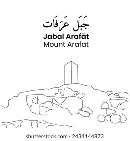 Translation: Mount Arafat. Hajj. Element of pilgrimage and Hajj to Mecca. White tower in Saudi Arabia. Line art style.  Muslim Worship Activity. Saudi Arabia. Line Art Vector Illustration.
