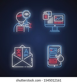 Translation neon light icons set. Proofreading, website localization. Online dictionary. Email translation, DTP services. Glowing sign with alphabet, numbers and symbols. Vector isolated illustration