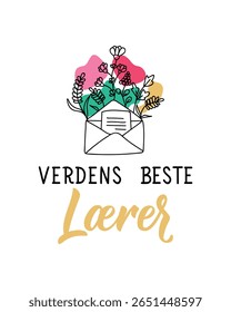 Translation from Norwegian: The best teacher in the world. Perfect design for greeting cards, posters and social media. Norwegian Lettering.