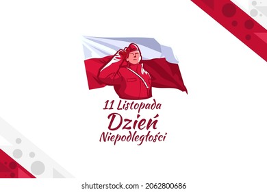 Translation: November 11, Independence Day. Happy Independence Day of Poland vector illustration. Suitable for greeting card, poster and banner.