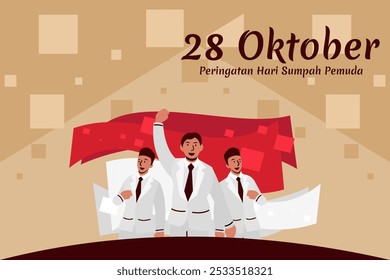 Traducción: 28 de octubre, Día de la Conmemoración del Compromiso Juvenil. Ilustración vectorial del Compromiso de Juventud Feliz (Sumpah Pemuda).