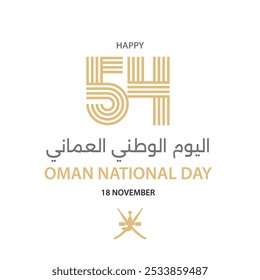 Translation: Oman National Day. 54th Anniversary Design – Elegant Gold Typography with Arabic Text and Symbol