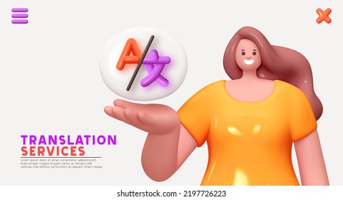 Translation Online service. Happy cheerful young woman hold open palm arm symbols translator text from foreign language. Realistic cartoon characters. Close up 3d people positive. vector illustration