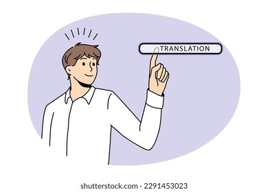 Translation online technologies button concept. Young man worker choosing translation in search bar on virtual screen language transcription internet networking vector illustration