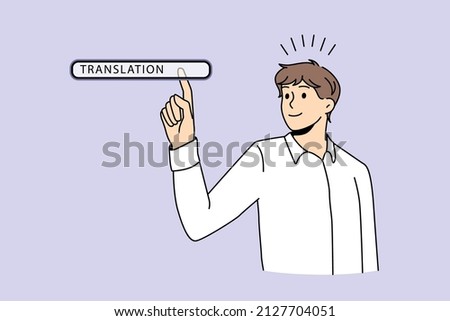 Translation online technologies button concept. Young man worker choosing translation in search bar on virtual screen language transcription internet networking vector illustration 