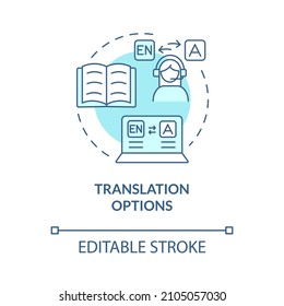 Icono de concepto turquesa de la opción de traducción. Las plataformas de aprendizaje electrónico presentan una ilustración abstracta de la línea delgada de la idea. Dibujo de contorno aislado. Trazo editable. Fuentes Roboto-Medium, Myriad Pro-Bold utilizadas