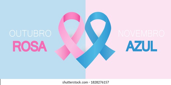 Translation: Pink October blue November in Portuguese language. Pink and blue awareness ribbon vector. Breast and prostate cancer together in heart shape.