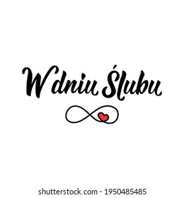 Translation from Polish: On the wedding day. Modern vector brush calligraphy. Ink illustration. Perfect design for greeting cards, posters, t-shirts, banners.