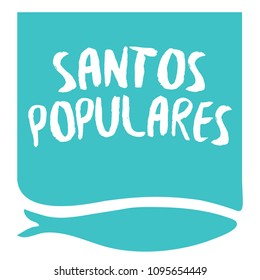 Translation: Popular saints Party. Invite for Santos Populares Traditional Portugal festivities in Lisbon. Sardine fish. Blue version