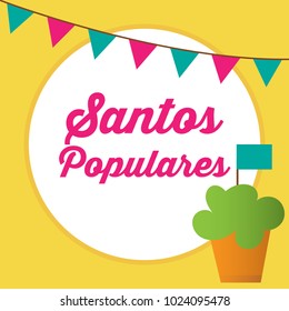 Translation: Popular Saints. Santos Populares Portuguese festivities card invite with garland, manjerico plant in pink and blue