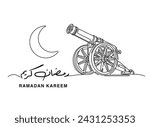 Translation Ramadan Kareem in Arabic language calligraphy freehand font with a cannon and crescent one line drawing vector art greeting card