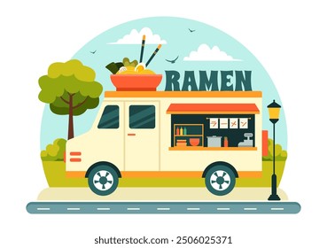 Translation : Ramen. Vector Illustration of Japanese Food featuring Noodles, Chopsticks, Miso Soup, Boiled Egg, and Grilled Nori in a Flat Background