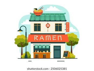 Translation : Ramen. Vector Illustration of Japanese Food featuring Noodles, Chopsticks, Miso Soup, Boiled Egg, and Grilled Nori in a Flat Background