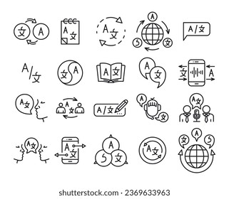 Translation related line icon set international language learn symbol vector illustration. Global dialogue study education foreign speech practice service for communication improve knowledge support