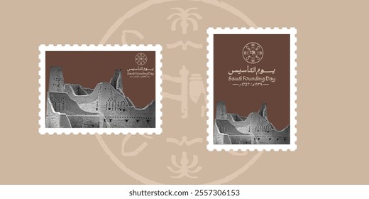 Translation: Saudi Founding Day. Historic Diriyah Postage Stamps Celebrating Saudi Founding Day - February 22, 1727