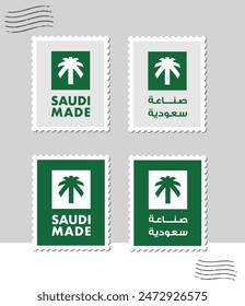 Übersetzung: Saudi Made. Vektorgrafik Set of Saudi Made Stamps - Bilingual Design for Branding and Authenticity in Englisch und Arabisch