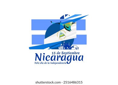 Tradução: 15 de setembro, Nicarágua, Feliz Dia da Independência. Feliz Dia da Independência da Nicarágua ilustração vetorial. Adequado para cartão, cartaz e banner.