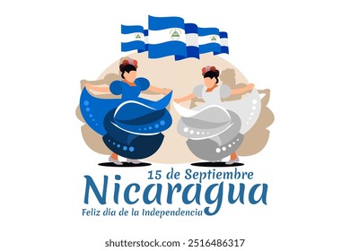 Tradução: 15 de setembro, Nicarágua, Feliz Dia da Independência. Feliz Dia da Independência da Nicarágua ilustração vetorial. Adequado para cartão, cartaz e banner.