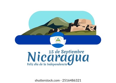 Tradução: 15 de setembro, Nicarágua, Feliz Dia da Independência. Feliz Dia da Independência da Nicarágua ilustração vetorial. Adequado para cartão, cartaz e banner.