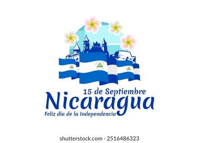 Tradução: 15 de setembro, Nicarágua, Feliz Dia da Independência. Feliz Dia da Independência da Nicarágua ilustração vetorial. Adequado para cartão, cartaz e banner.