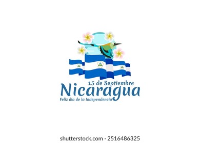 Tradução: 15 de setembro, Nicarágua, Feliz Dia da Independência. Feliz Dia da Independência da Nicarágua ilustração vetorial. Adequado para cartão, cartaz e banner.